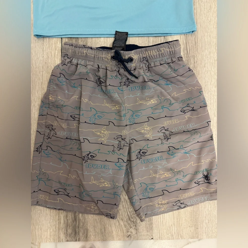 Spyder Blue Long Sleeve Swim Shirt and Shark Patterned  Bathing suit Shorts Set